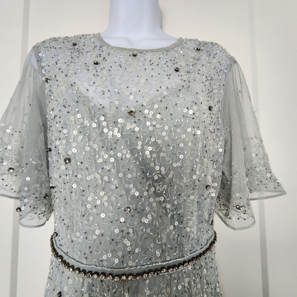 Mac Duggal Cape Sleeve Beaded Midi Dress Powder Blue Silver Ethereal Glam 6 $598 - Picture 5 of 16